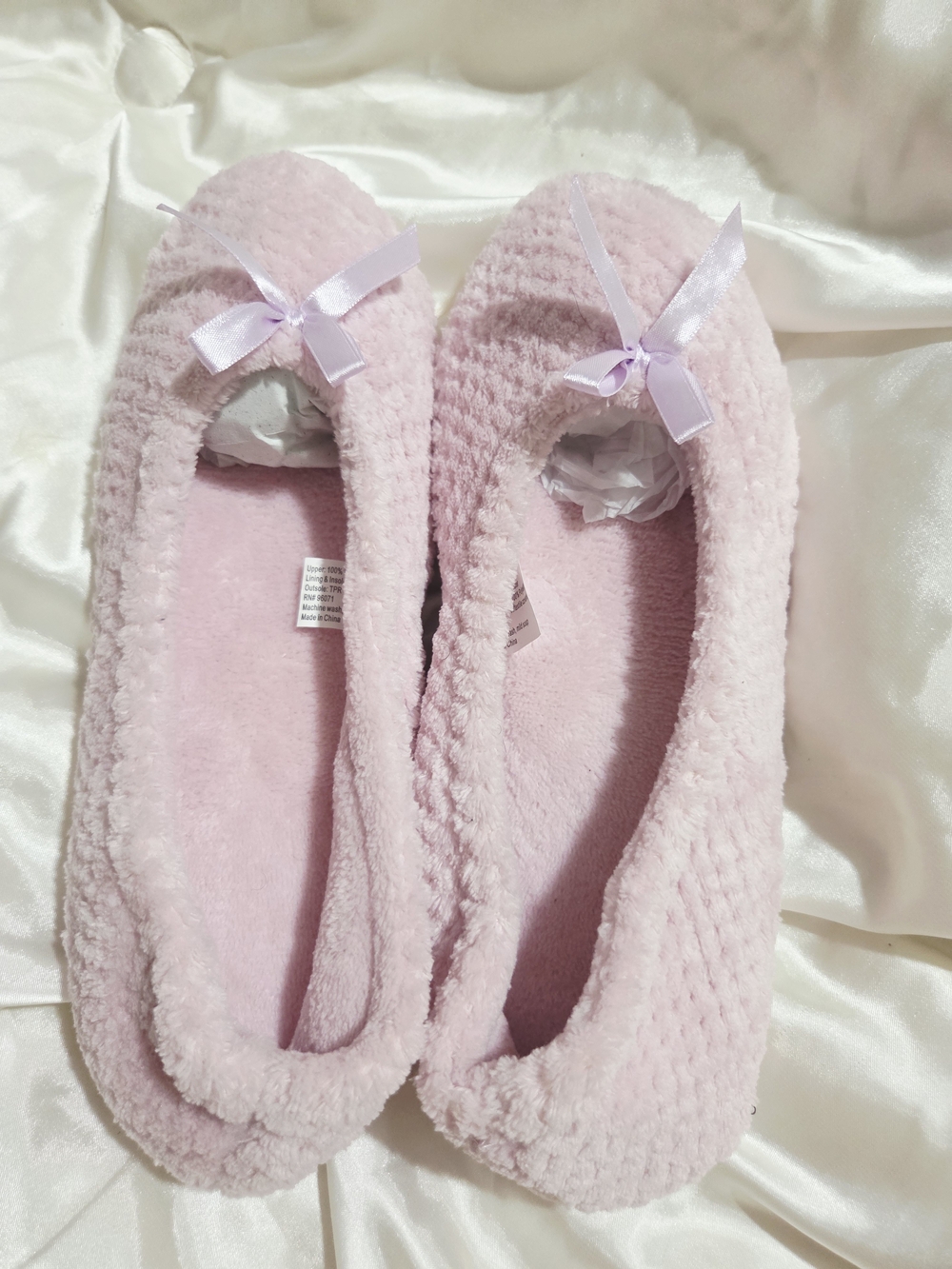 Women's Plush Ballet Slippers in Light Pink with Satin Bow